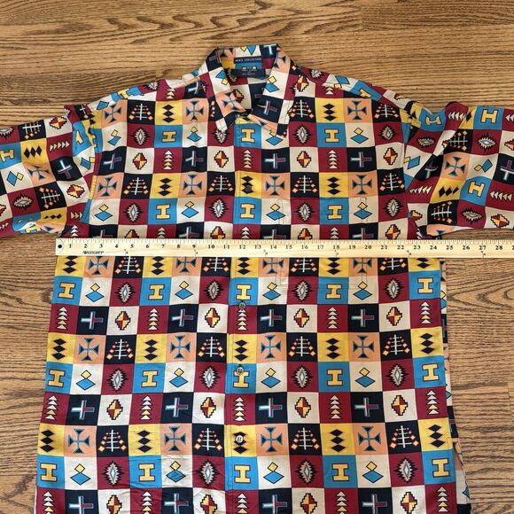VINTAGE TIMNEY FOWLER FOR GO SILK ALL OVER PRINT MENS SHIRT Large Medium Tribal - Picture 9 of 11
